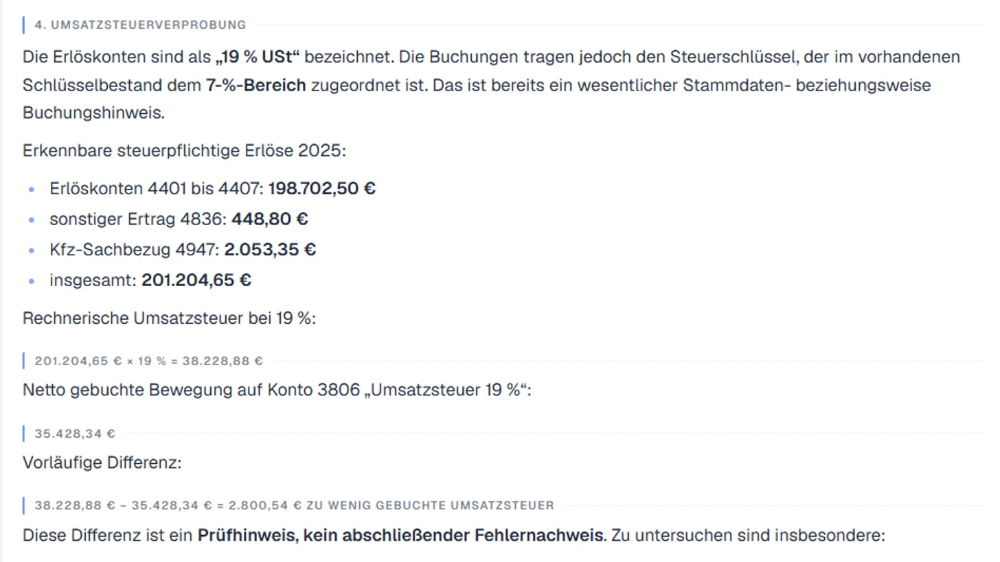 TaxFabric Journal-Entry-Test — KI-Befund zur Umsatzsteuerverprobung mit erkannter Differenz (Demo-Daten)