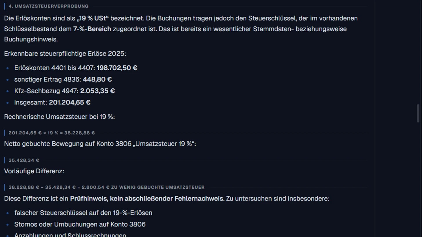 TaxFabric Journal-Entry-Test — KI-Befund zur Umsatzsteuerverprobung mit erkannter Differenz (Demo-Daten)
